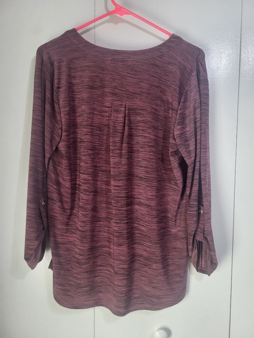 Linda Matthews SZ LG Roll Tab Sleeve Blouse Top Space Dye Heathered Partial Zip - Picture 2 of 8